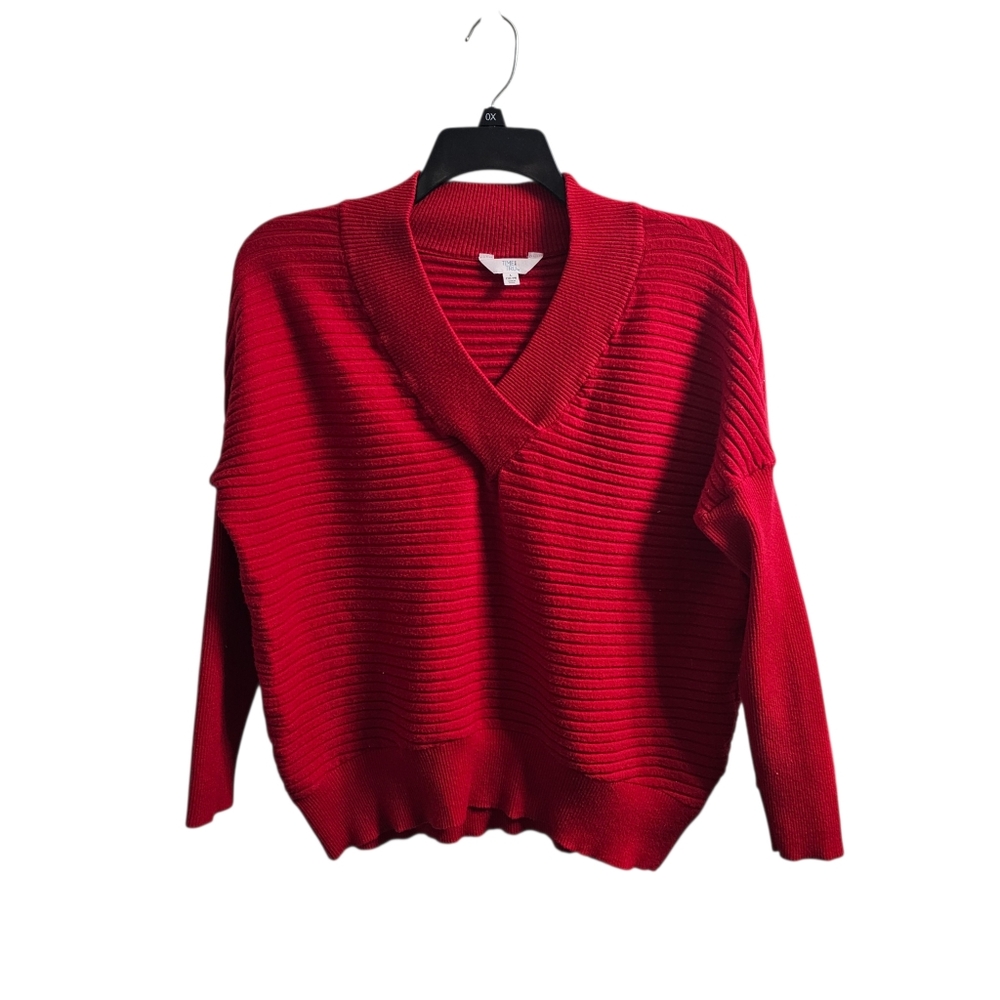 Time and Tru Red V-Neck Ribbed Soft Sweater Women's Large (12-14)
